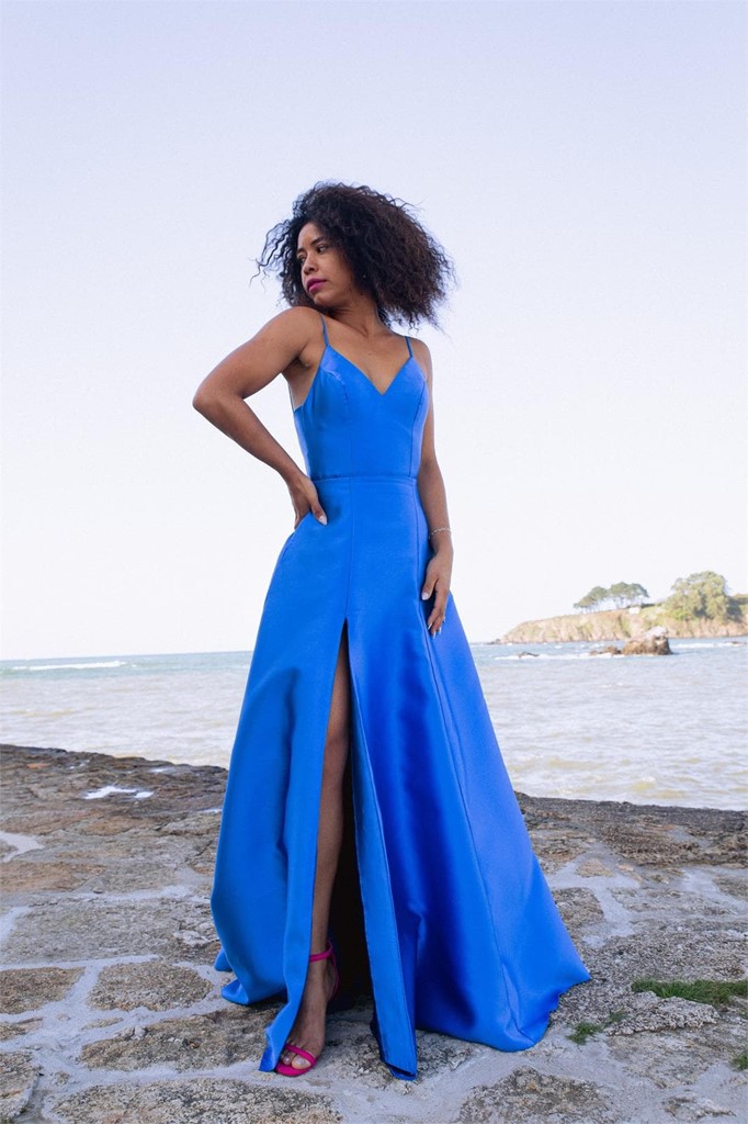 Vestido largo mod Nahir de mikado azul n con tirantes finitos 179